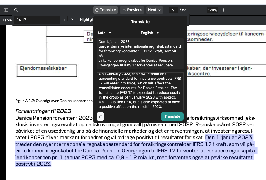 Danic Koncernen SFCR 2022 translation using the Solvency II Wire Data translation tool.