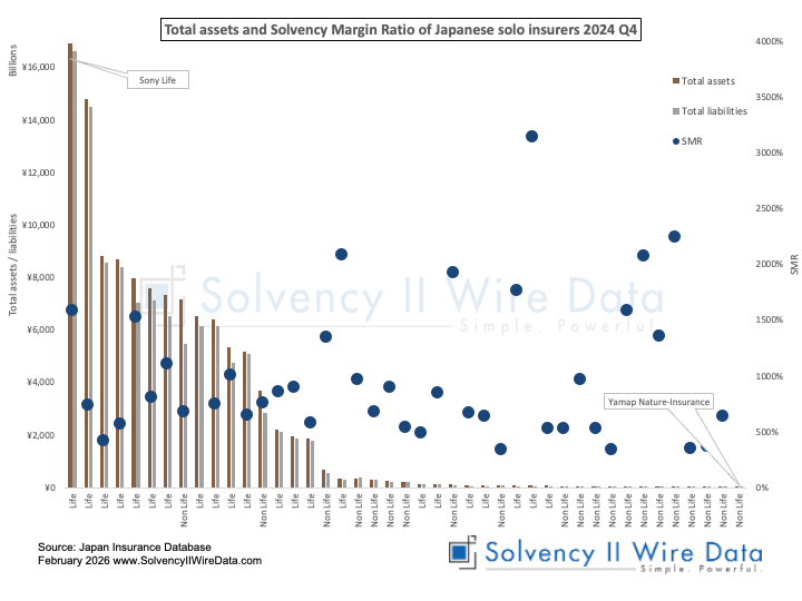Total assets and Solvency Margin Ratio of Japanese solo insurers 2024 Q4
