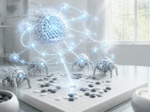AI-generated illustration of a glowing blue digital network with small robot drones placing a stone on a Go board in a bright room
