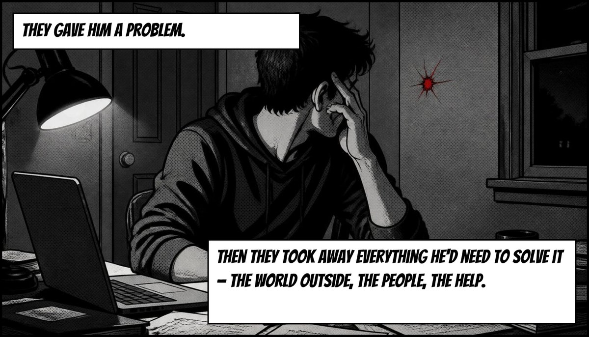 A young man slumps at a desk under a lamp. Caption: They gave him a problem. Then they took away everything he'd need to solve it – the world outside, the people, the help.