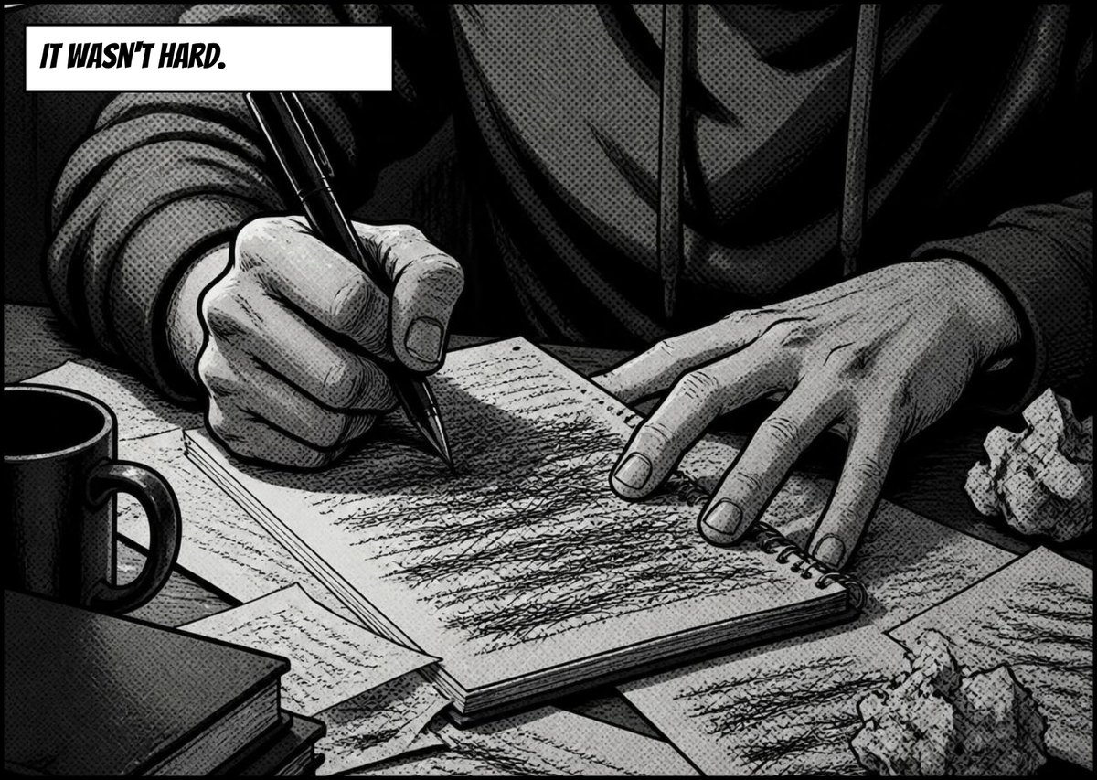 Close-up of a hand scribbling over a notebook among crumpled paper. Caption: It wasn't hard.