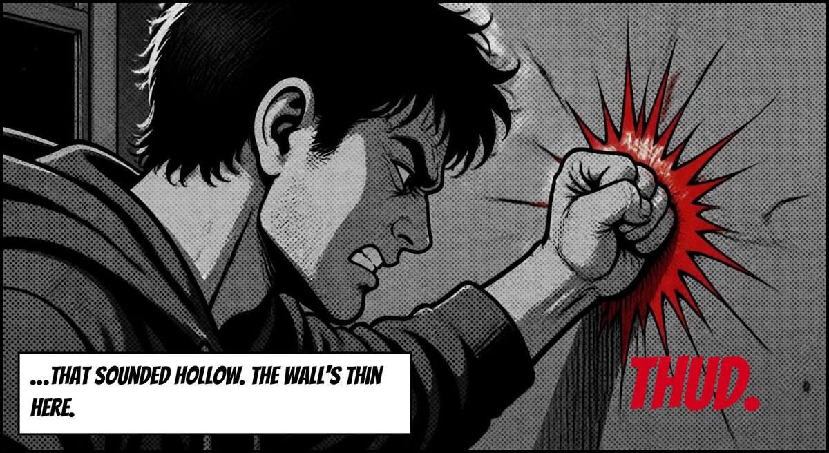 He punches the wall; red THUD. Caption: …That sounded hollow. The wall's thin here.