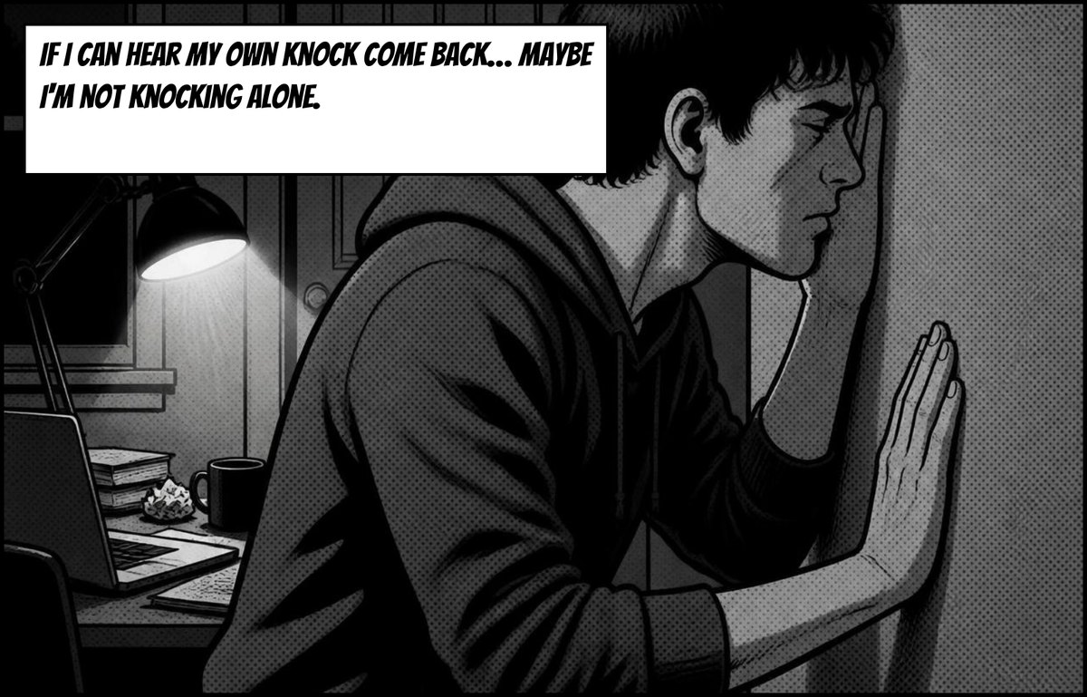 He leans his ear and hand against the wall. Caption: If I can hear my own knock come back… maybe I'm not knocking alone.