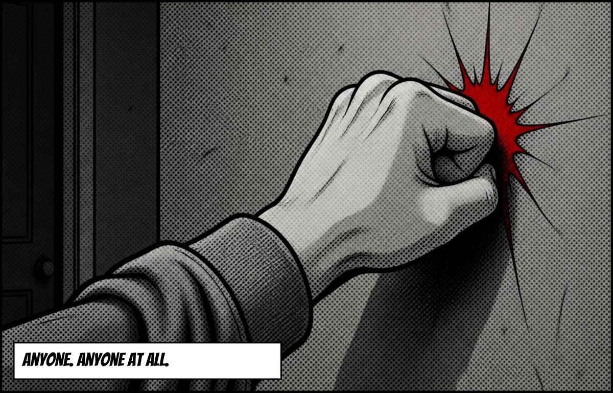 Close-up of a fist knocking on the wall with a red burst. Caption: Anyone. Anyone at all.