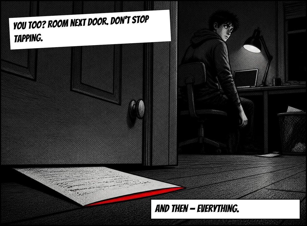 A note slides under the door. Captions: You too? Room next door. Don't stop tapping. And then – everything.