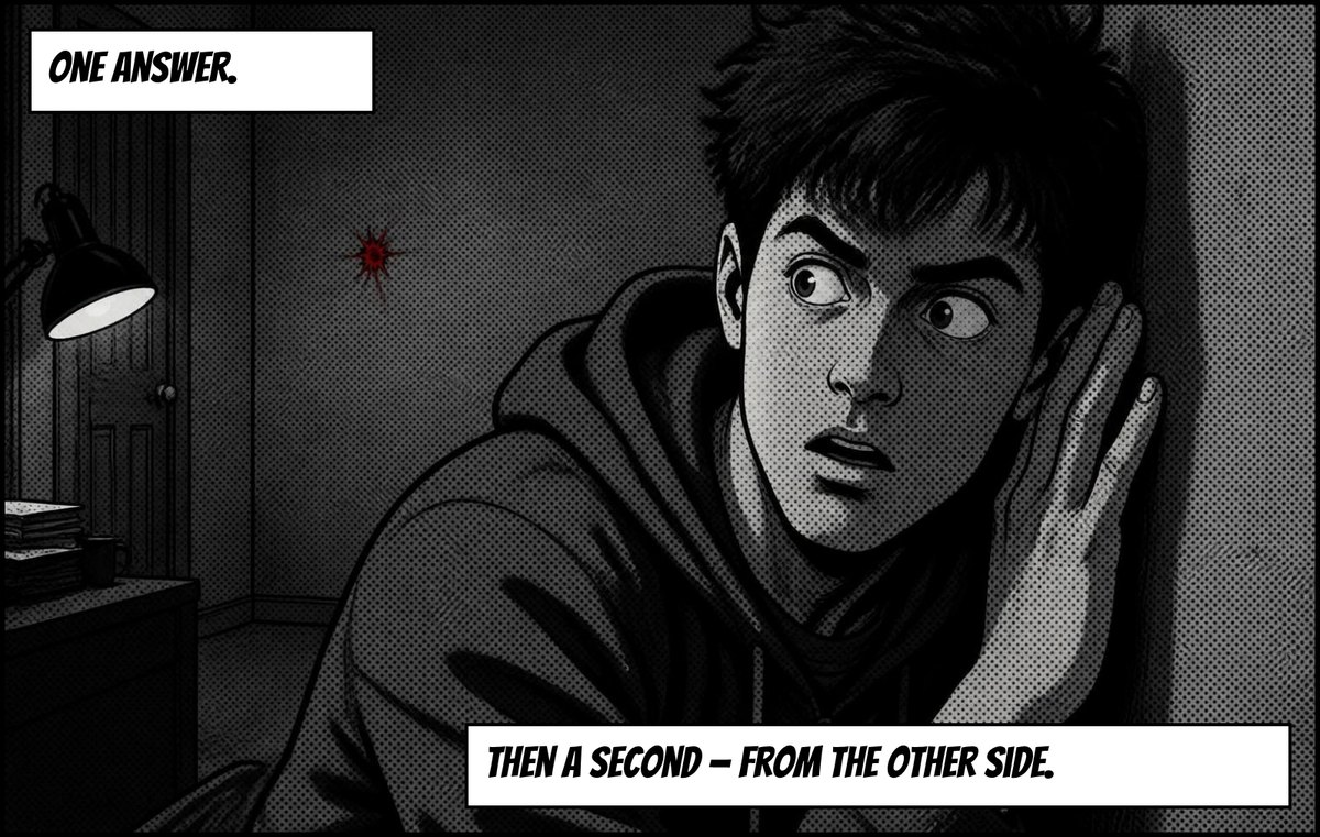 The man presses his ear to the wall, eyes wide. Captions: One answer. Then a second – from the other side.