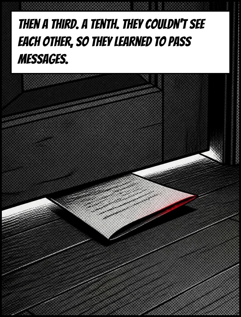 A folded note lies by the gap under a door. Caption: Then a third. A tenth. They couldn't see each other, so they learned to pass messages.