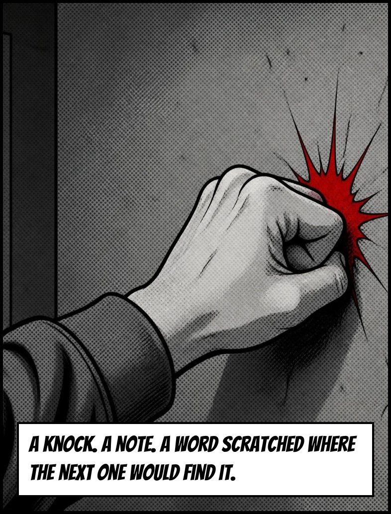 A fist knocks on the wall, red burst. Caption: A knock. A note. A word scratched where the next one would find it.
