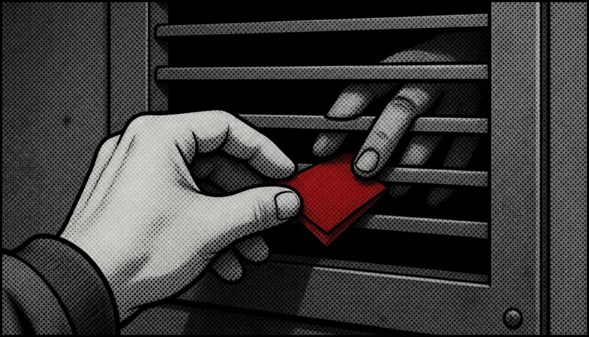 Fingers pass a red note through a vent grille.