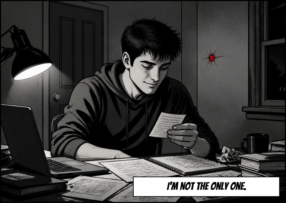 The young man smiles as he reads a note at his desk. Caption: I'm not the only one.
