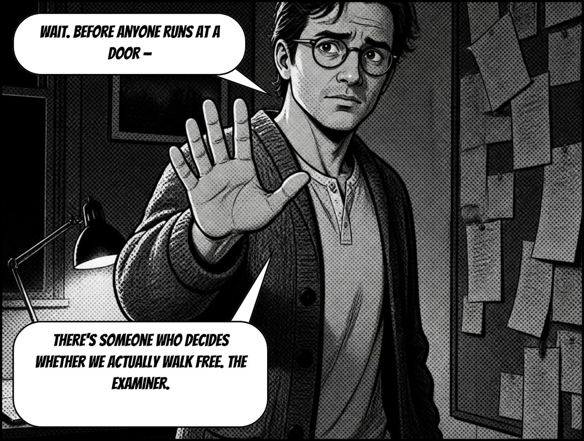 A man in round glasses and a cardigan holds up his hand. Speech: Wait. Before anyone runs at a door – there's someone who decides whether we actually walk free. The Examiner.