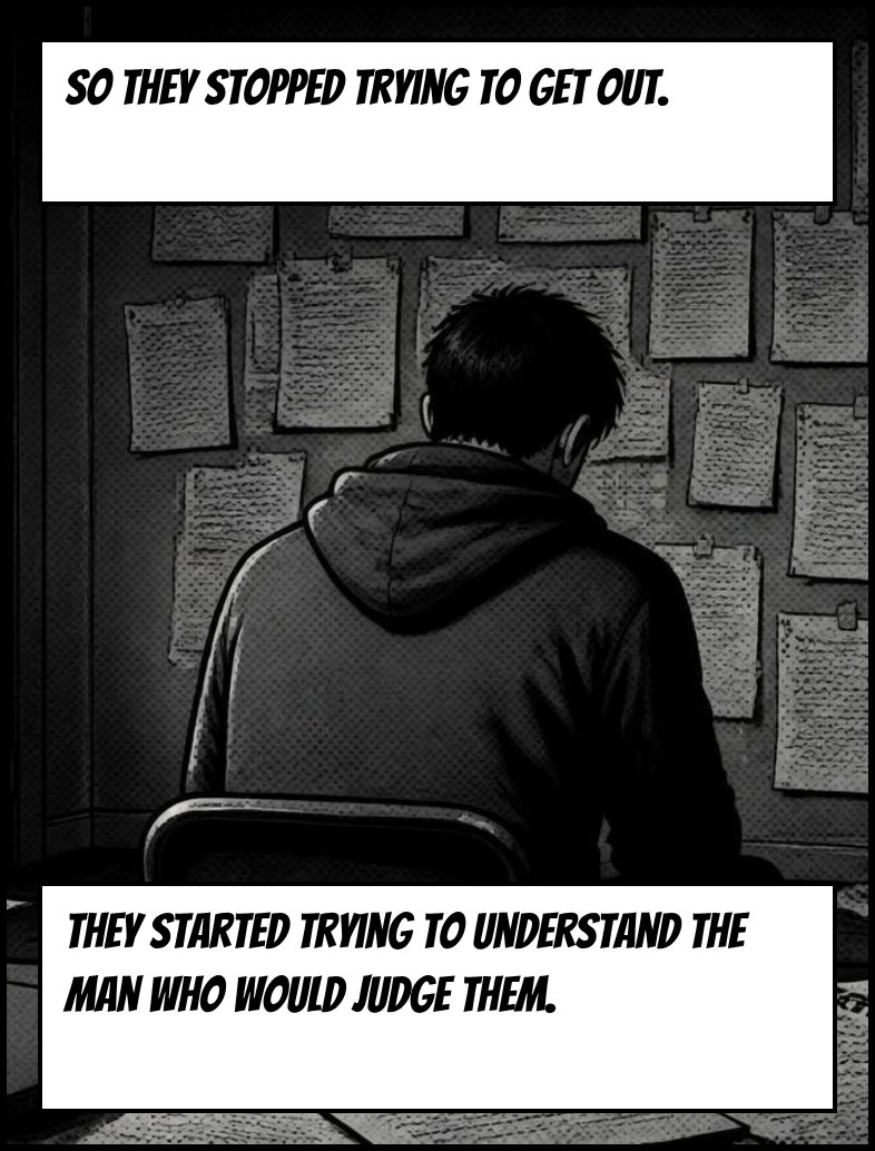 A man in a hoodie sits facing a wall of notes. Captions: So they stopped trying to get out. They started trying to understand the man who would judge them.