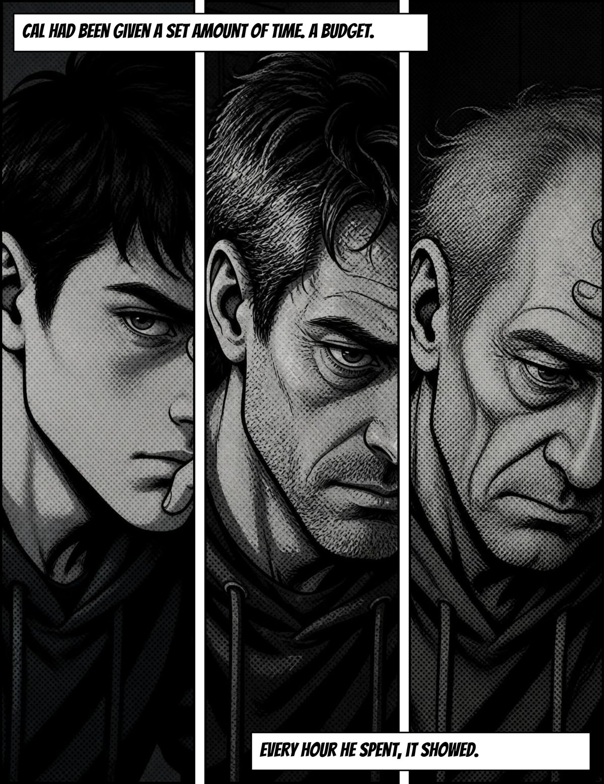 Three faces of the same man, young to old. Captions: Cal had been given a set amount of time. A budget. Every hour he spent, it showed.