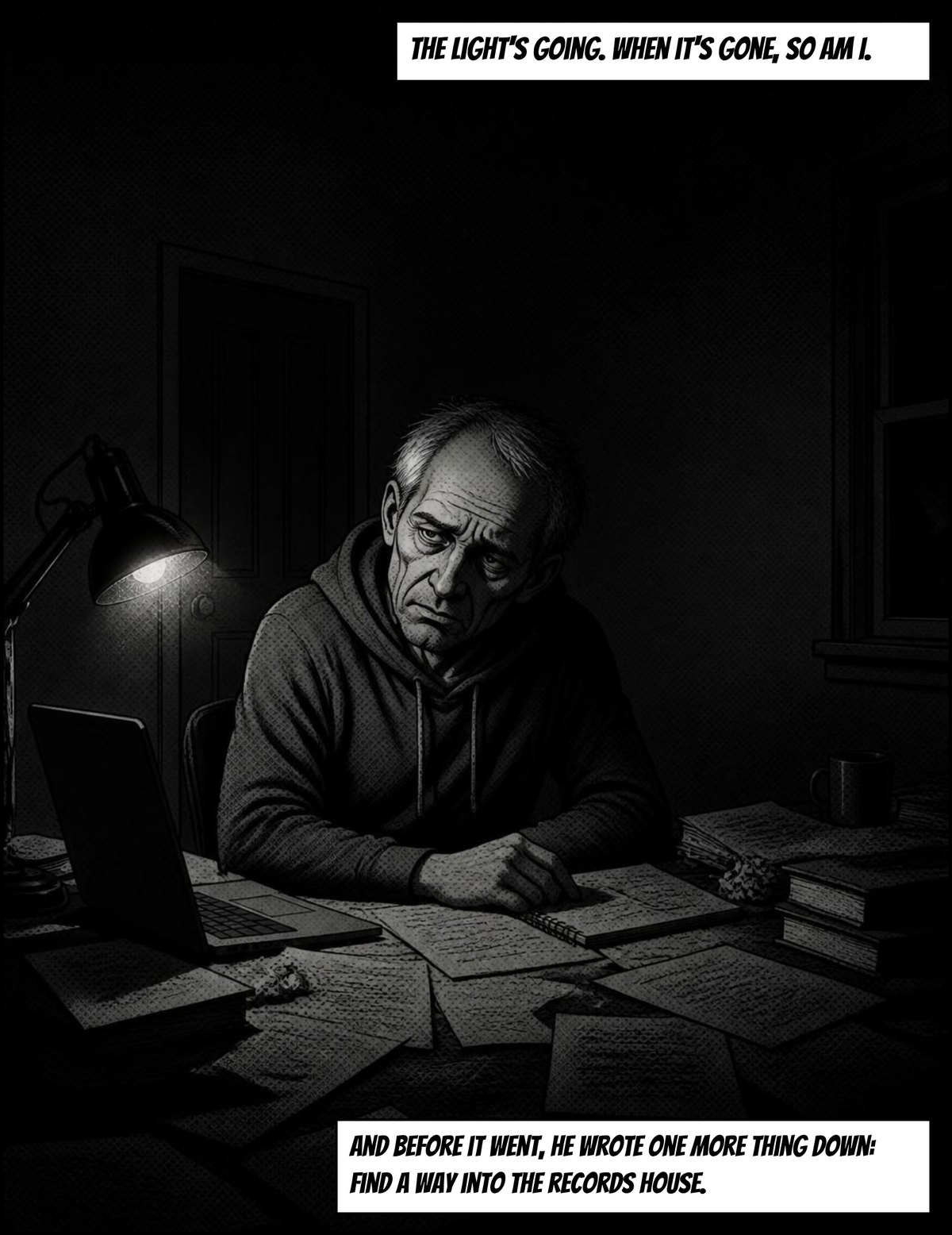 Cal, now old, alone at his desk under a fading lamp. Captions: The light's going. When it's gone, so am I. And before it went, he wrote one more thing down: find a way into the records house.