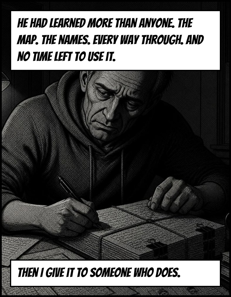 Old Cal writes in a thick bound dossier. Captions: He had learned more than anyone. The map. The names. Every way through. And no time left to use it. Then I give it to someone who does.