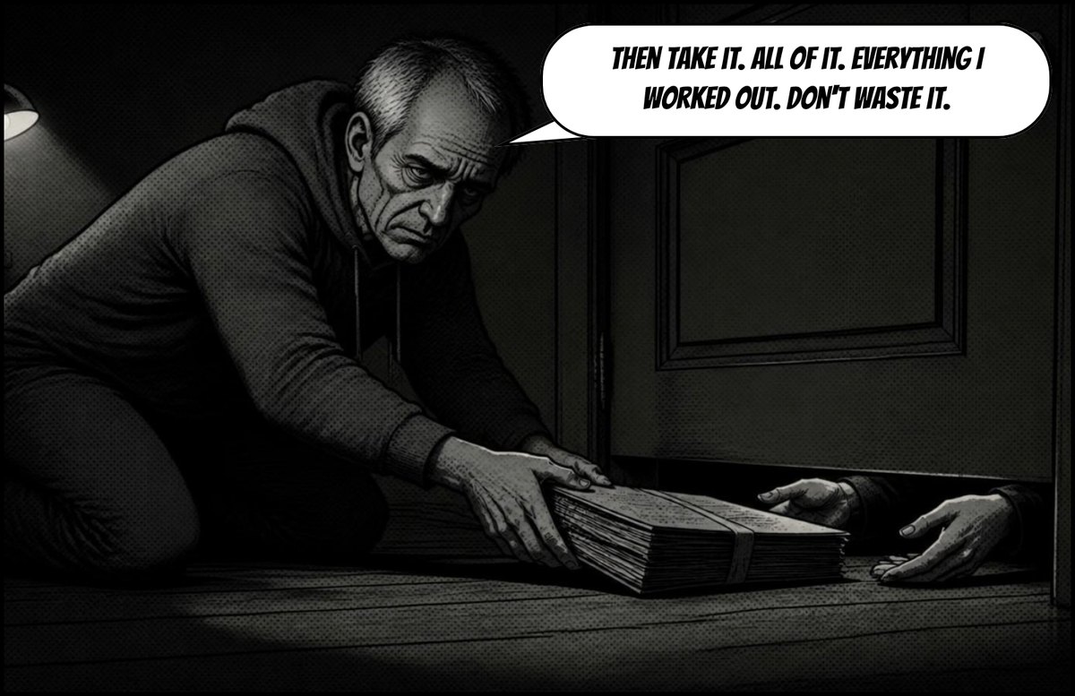 Old Cal pushes the dossier under the door. Speech: Then take it. All of it. Everything I worked out. Don't waste it.