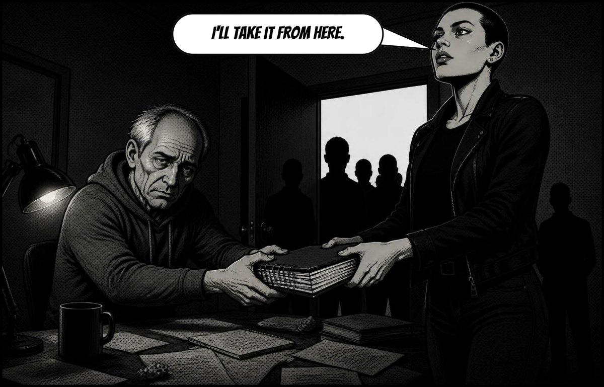 Cal hands the dossier to the woman, Vera, as figures wait in the doorway. Speech: I'll take it from here.