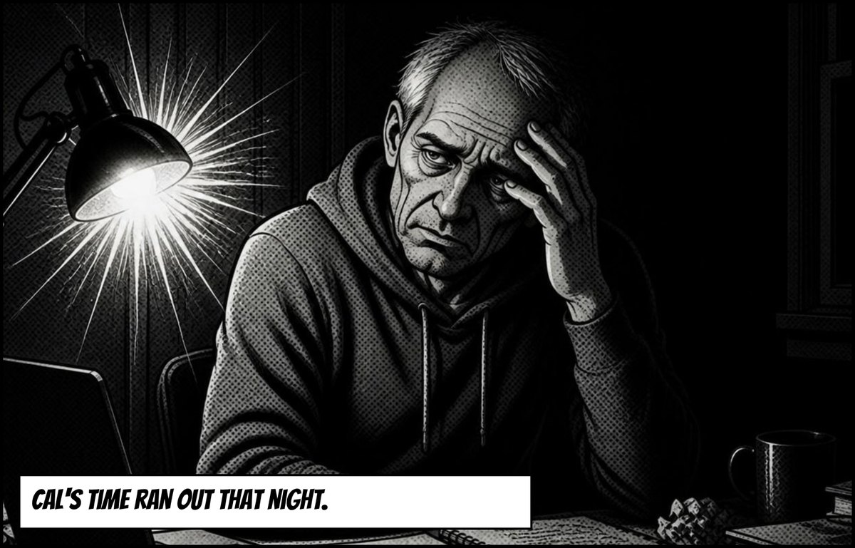 Cal holds his head under the lamp. Caption: Cal's time ran out that night.
