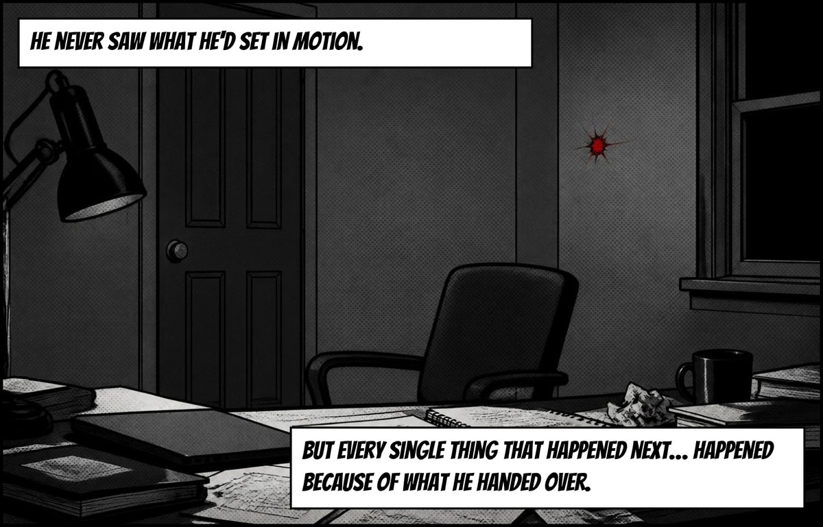 Cal's empty room. Captions: He never saw what he'd set in motion. But every single thing that happened next… happened because of what he handed over.