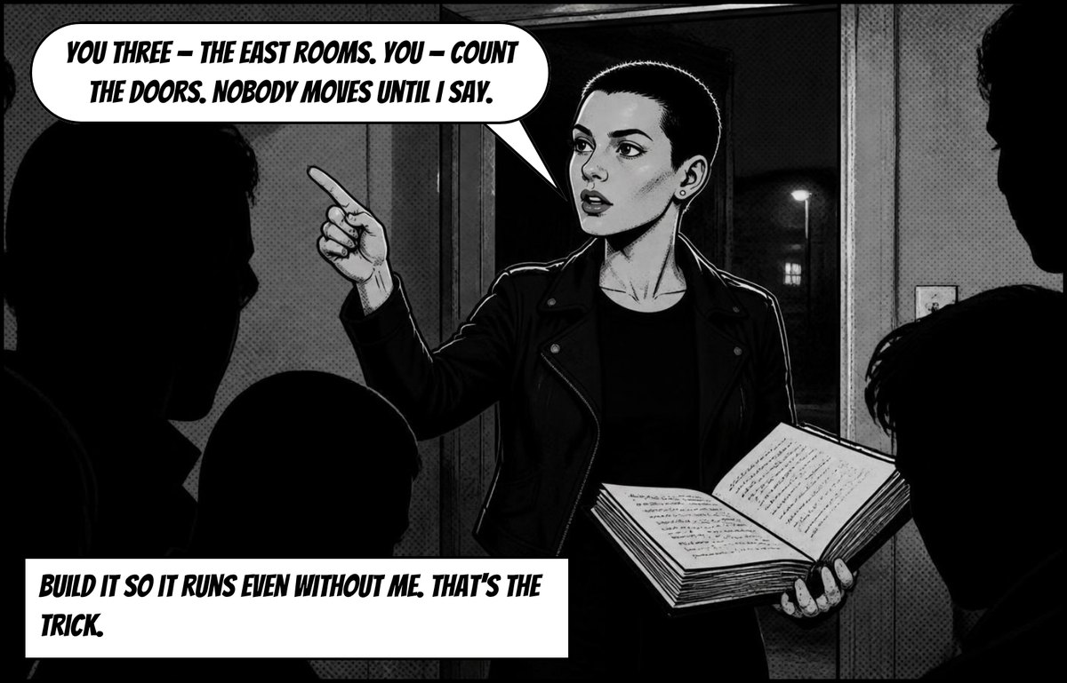 Vera points, giving orders, the dossier open in her hand. Speech: You three – the east rooms. You – count the doors. Nobody moves until I say. Build it so it runs even without me. That's the trick.