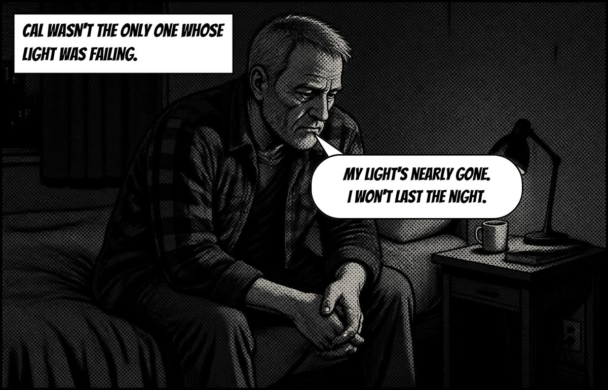 An older man in a flannel shirt, Nine, sits on his bed. Caption: Cal wasn't the only one whose light was failing. Speech: My light's nearly gone. I won't last the night.