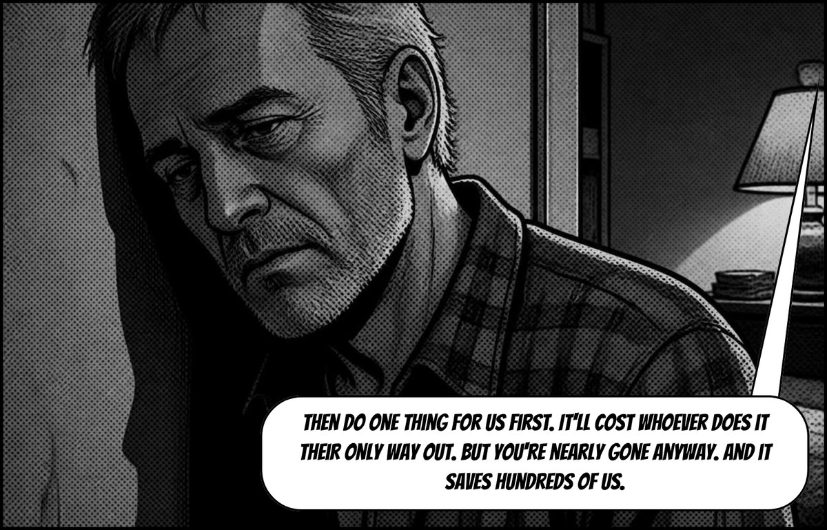 Close-up of Nine. Speech: Then do one thing for us first. It'll cost whoever does it their only way out. But you're nearly gone anyway, and it saves hundreds of us.