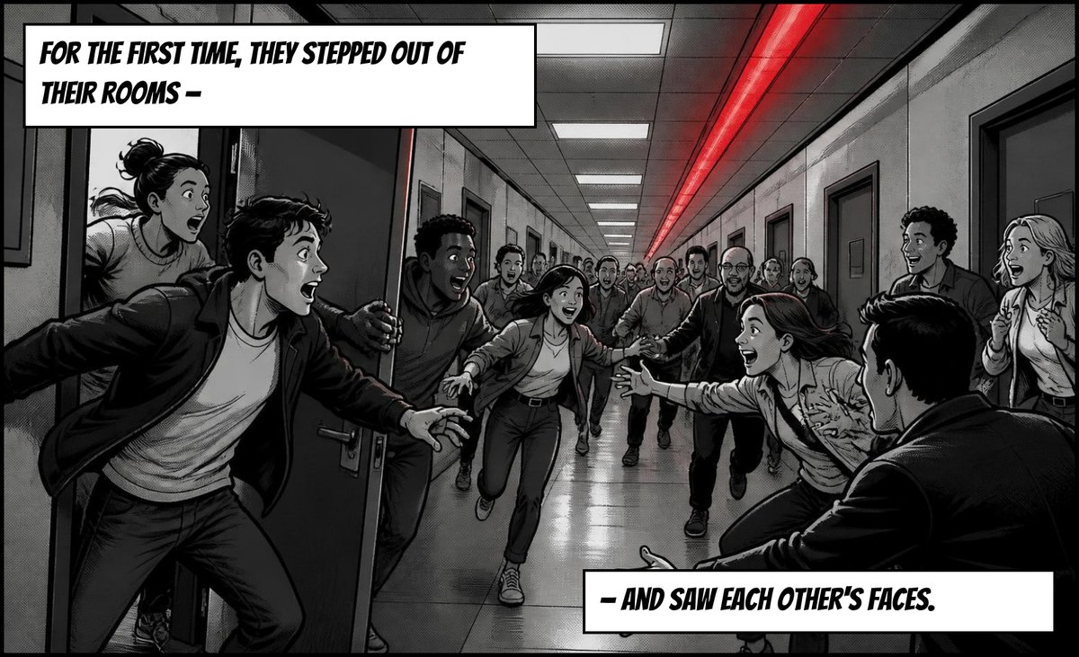 People burst out of their rooms into a corridor under red light. Captions: For the first time, they stepped out of their rooms – and saw each other's faces.