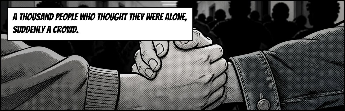 Two hands clasp. Caption: A thousand people who thought they were alone, suddenly a crowd.