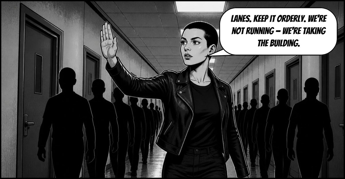 Vera raises a hand to an orderly crowd in the corridor. Speech: Lanes. Keep it orderly. We're not running – we're taking the building.