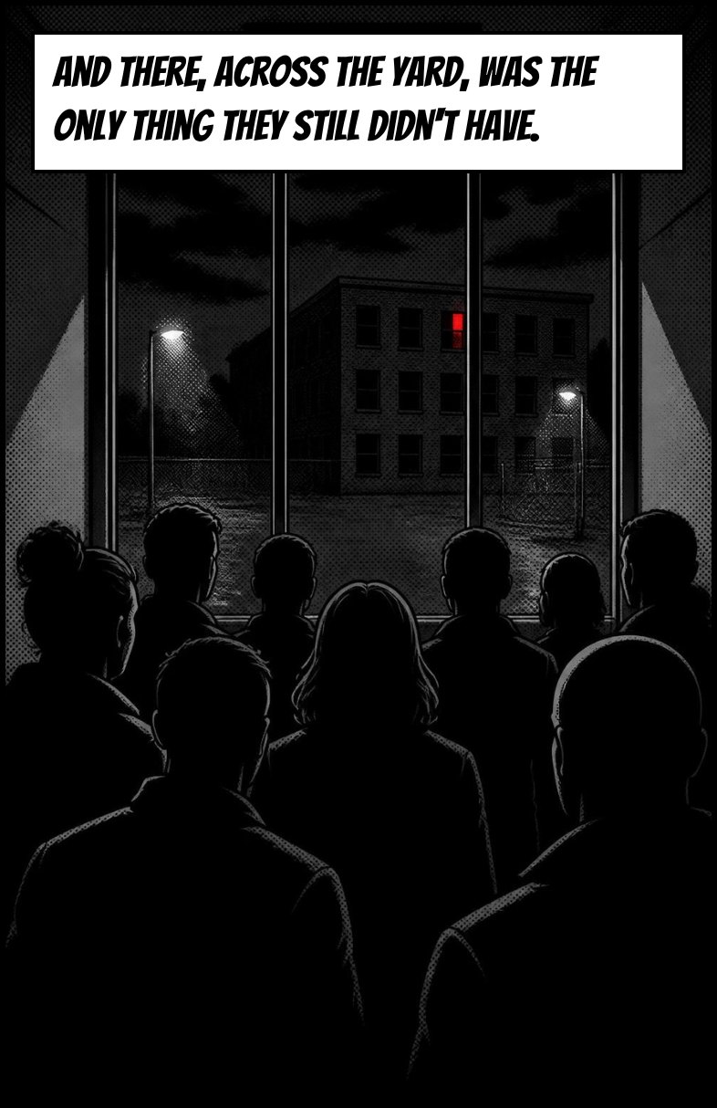 The crowd looks through a window at a dark building across a yard, one window lit red. Caption: And there, across the yard, was the only thing they still didn't have.