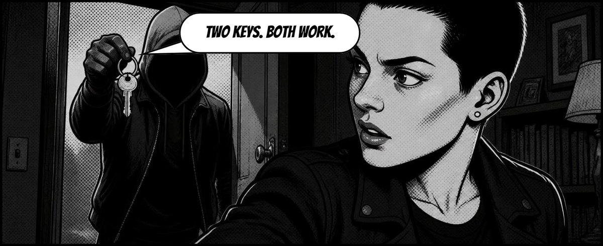 The hooded figure holds up the keys to Vera. Speech: Two keys. Both work.