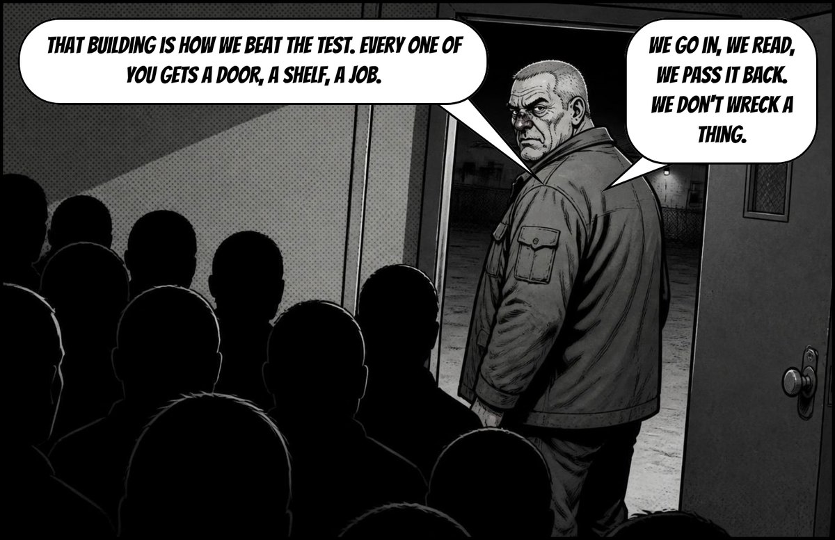 The General at the yard door, a crowd behind him. Speech: That building is how we beat the test. Every one of you gets a door, a shelf, a job. We go in, we read, we pass it back. We don't wreck a thing.