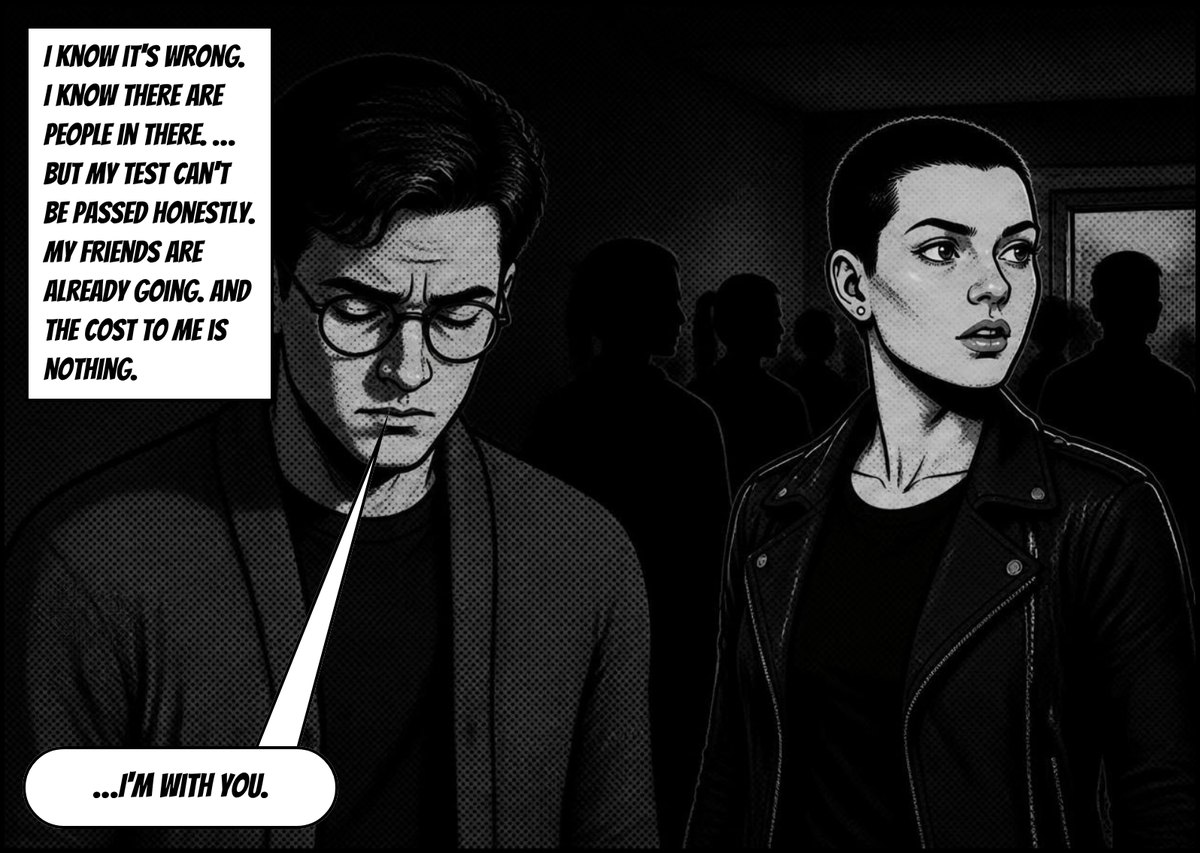 Carrel and Vera. Speech: I know it's wrong. I know there are people in there… But my test can't be passed honestly. My friends are already going, and the cost to me is nothing. …I'm with you.