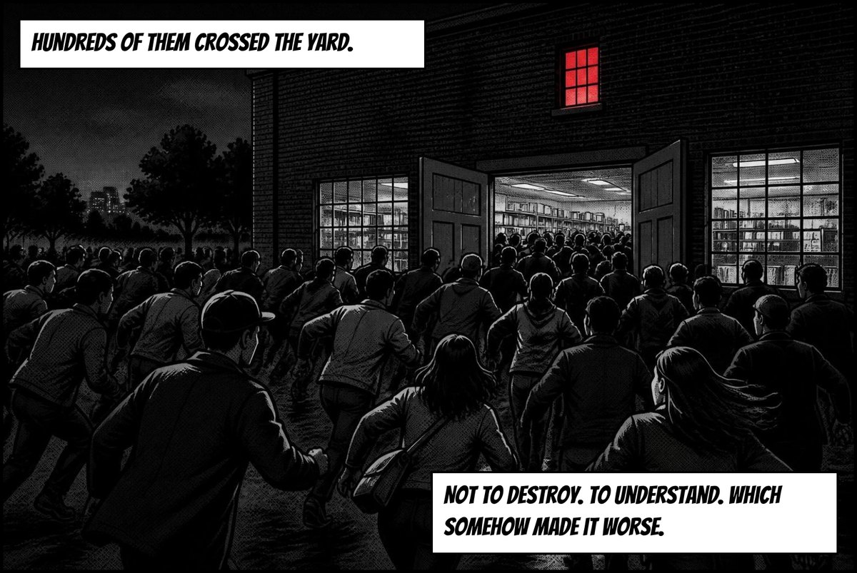 A crowd surges across the yard into the records house. Captions: Hundreds of them crossed the yard. Not to destroy. To understand. Which somehow made it worse.