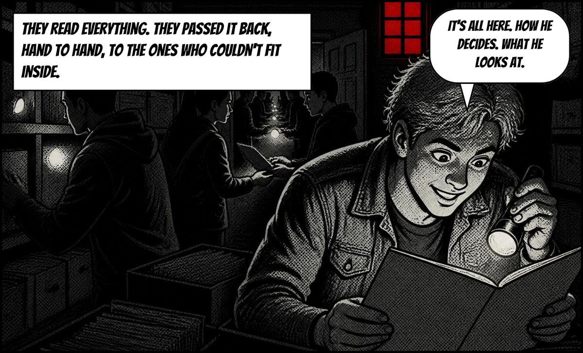A young man with shaggy fair hair, Tally, reads by torchlight among the files. Caption: They read everything. They passed it back, hand to hand, to the ones who couldn't fit inside. Speech: It's all here. How he decides. What he looks at.
