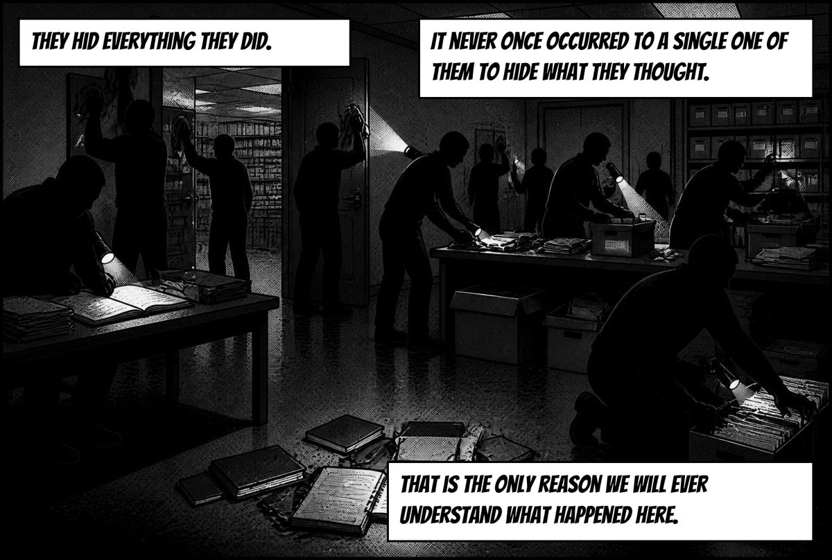 Figures sweep through the records room. Captions: They hid everything they did. It never once occurred to a single one of them to hide what they thought. That is the only reason we will ever understand what happened here.