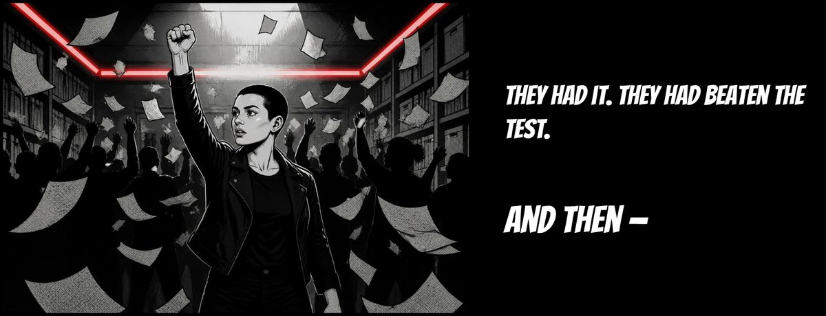 Vera raises a fist among flying papers under red light. Captions: They had it. They had beaten the test. And then –