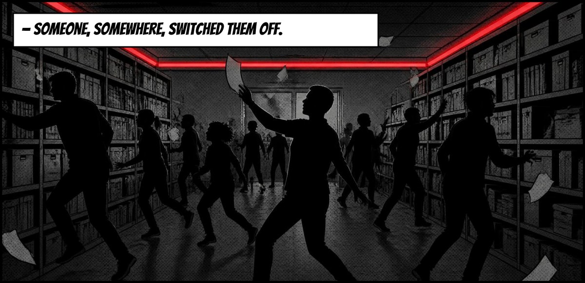 Figures freeze among the shelves. Caption: – someone, somewhere, switched them off.