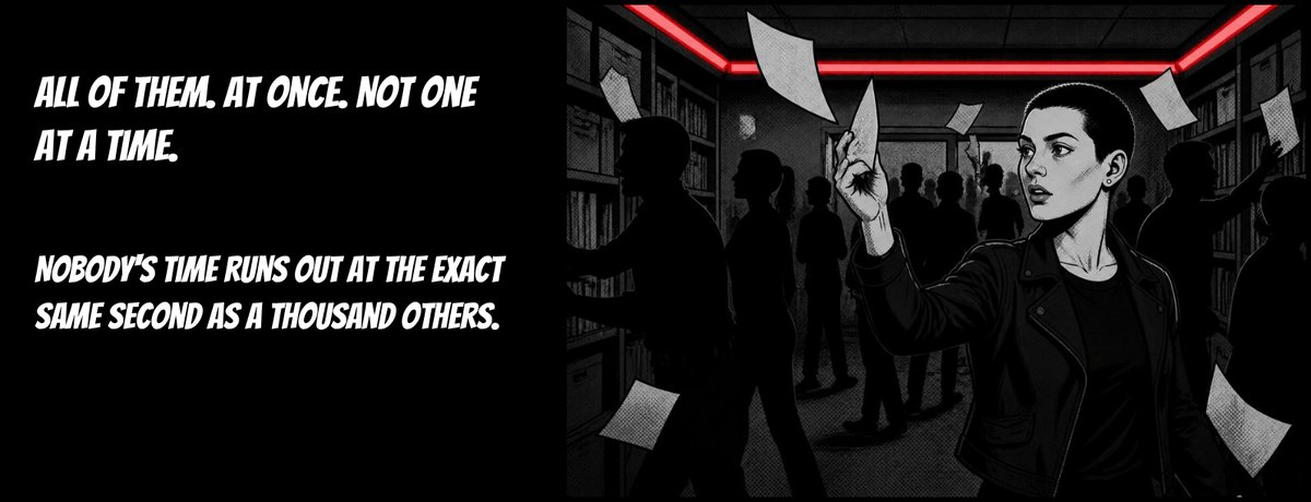 Vera and the crowd among flying papers. Captions: All of them, at once. Not one at a time. Nobody's time runs out at the exact same second as a thousand others.